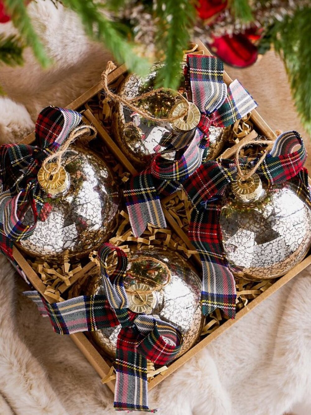 Pottery Barn Mercury Glass Ball Ornaments with Plaid Bows - Set of 4